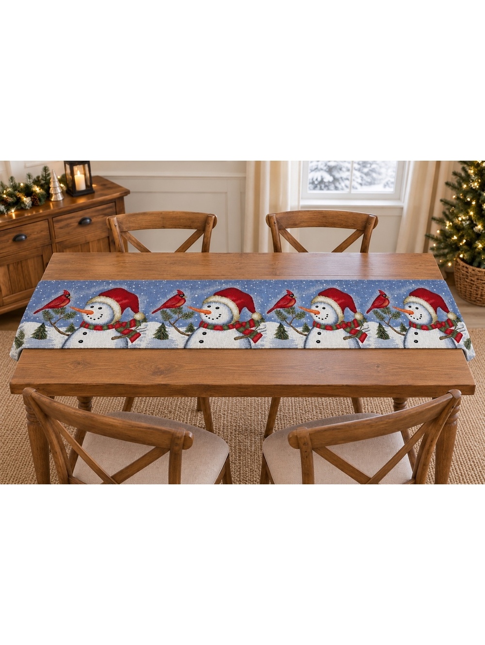 Christmas Snowman and Cardinal Table Runner 66” x 13”